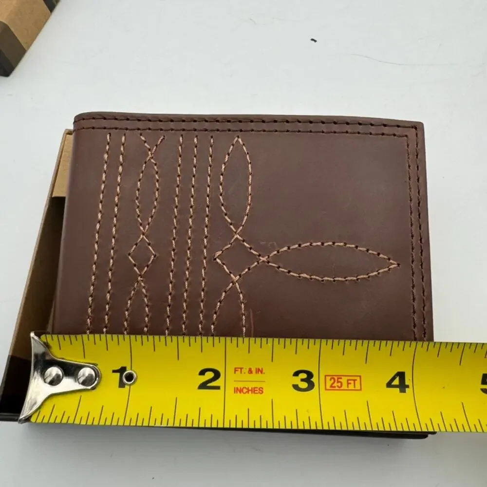 Justin Slim Bifold RFID Wallet Genuine Leather Western Stitch Brown Gift Box NIB